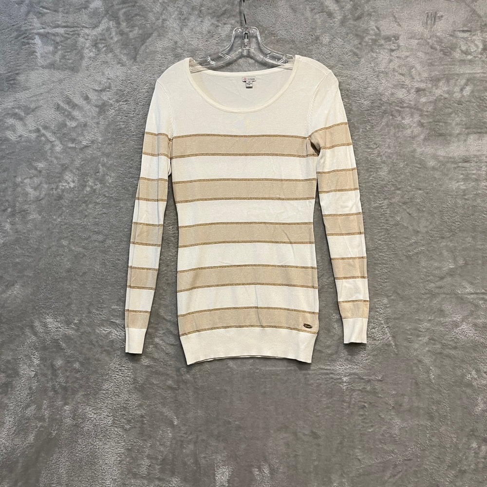 Guess Sweater Womens Small Ivory Tan Striped Metallic Long Sleeve Scoop‎ Neck
